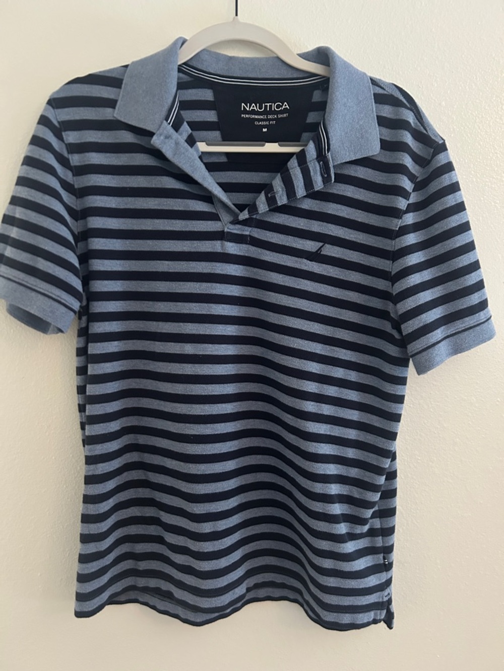 Nautica Mens (M)Light Blue&Navy Striped Polo Performance Deck Shirt Classic Fit